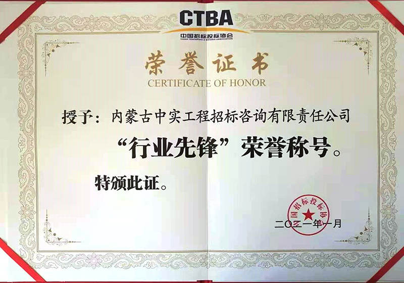 中國(guó)招標(biāo)投標(biāo)協(xié)會(huì)“行業(yè)先鋒”榮譽(yù)證書